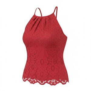 Red Lace Sleeveless Halter Top Scalloped Hemline Fully Lined By Blue Rain Size M